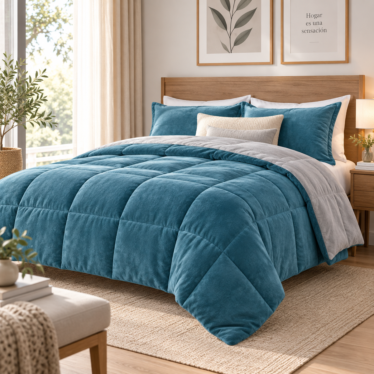 Plumón Sherpa Plush Celeste/Gris Super King