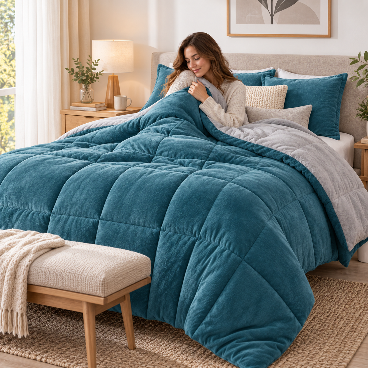 Plumón Sherpa Plush Celeste/Gris Super King