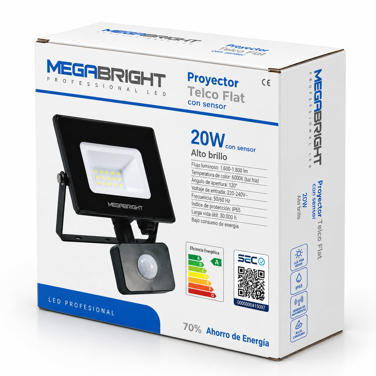 Proyector LED 30W Telco Flat Pro 6000K Con Sensor Megabright