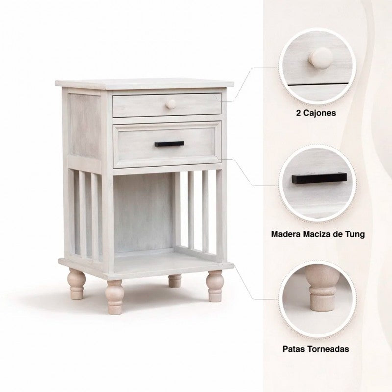 Velador Vintage Provenza 2 cajones Blanco