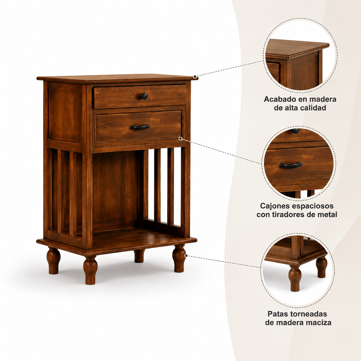 Velador Vintage Provenza 2 cajones Madera